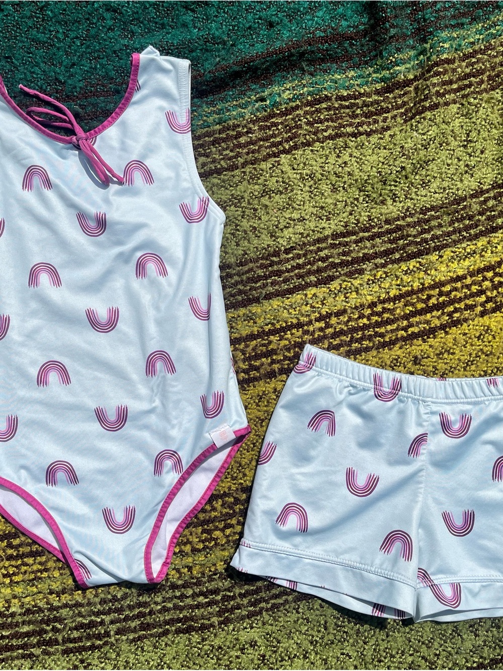 SweetHoney Baby Blue Two-Piece Dance Set with Pink Rainbow Print
